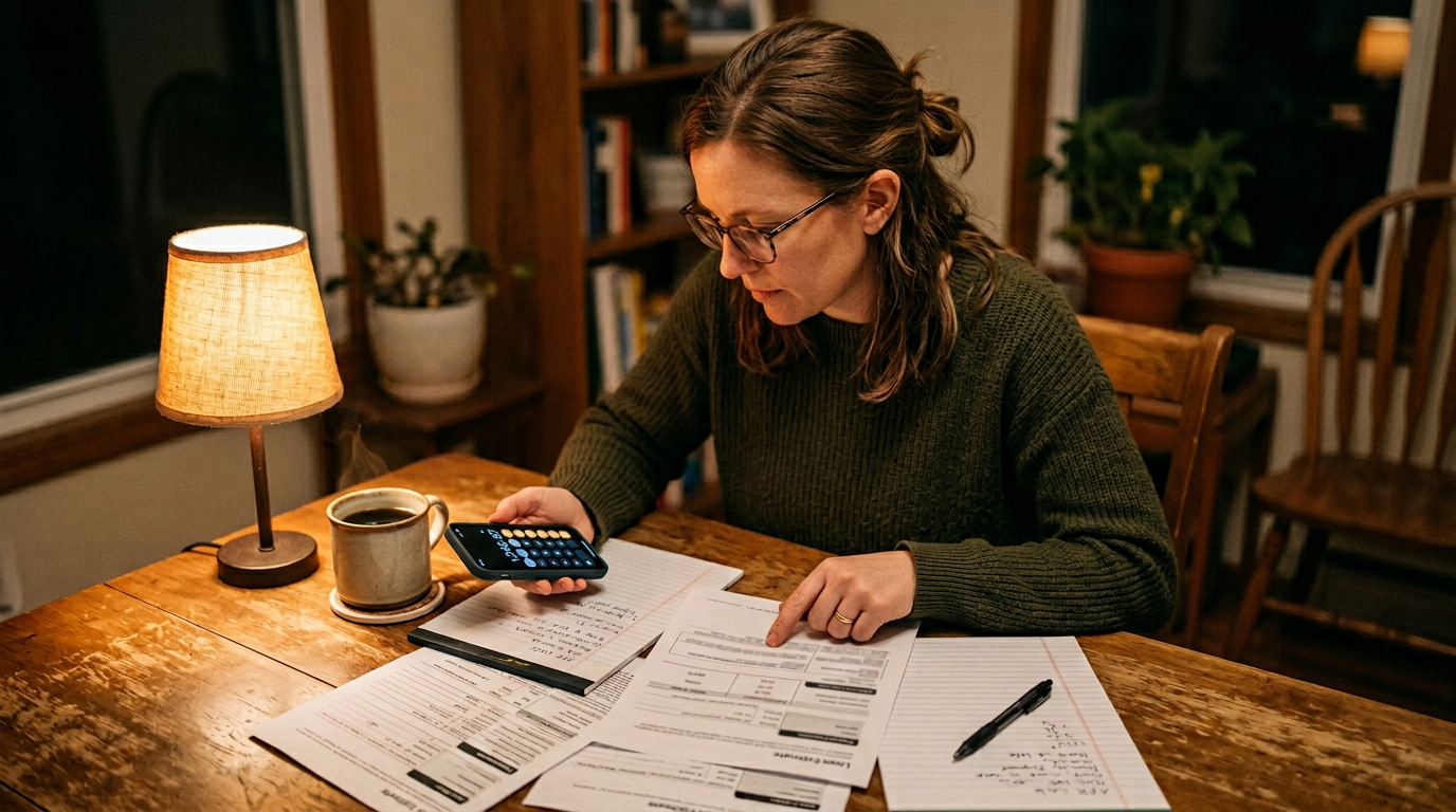 Adult at a table with loan documents and a phone calculator, studying APR and discount points