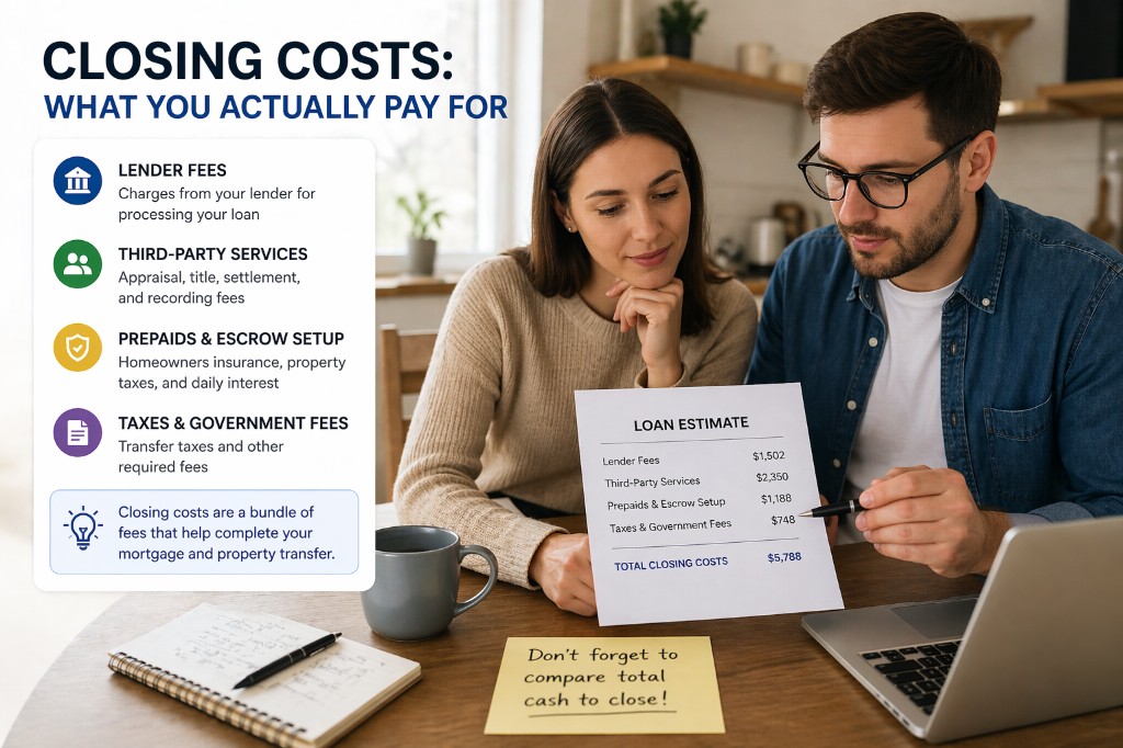 Couple reviewing a loan estimate with a closing costs breakdown and fee categories