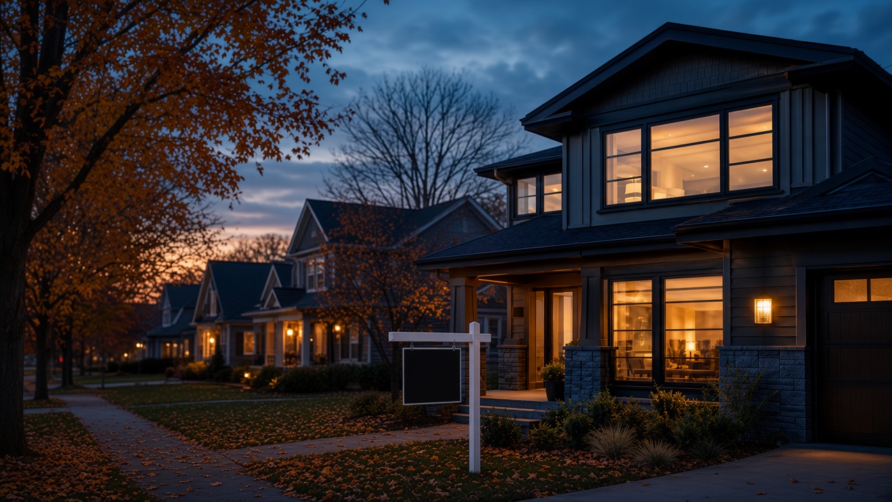 Autumn suburban street at dusk with a blank for-sale sign in a front yard