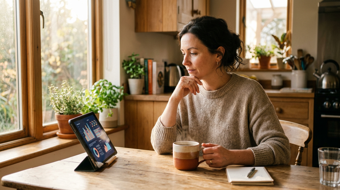 Person at a kitchen table with coffee, reading finance context on a tablet