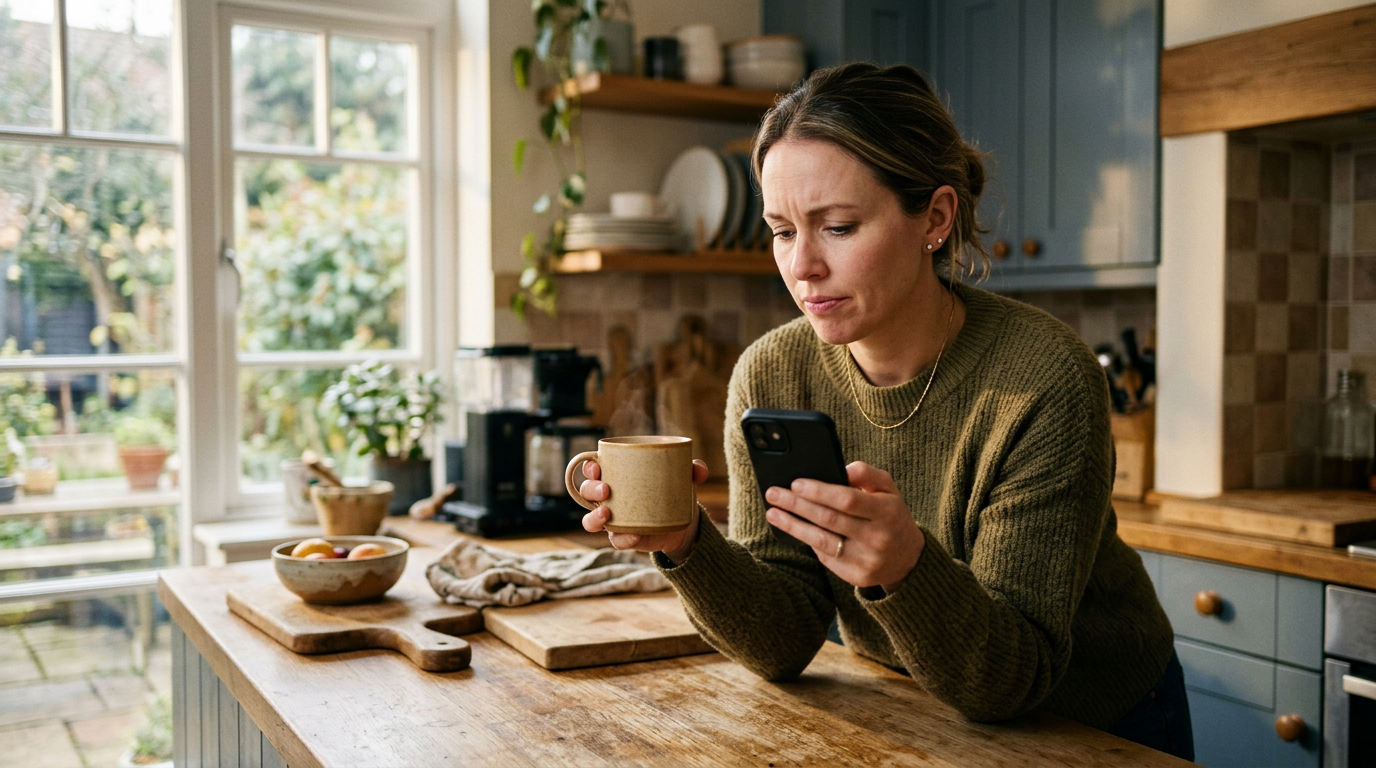 Homeowner at the kitchen counter thinking through timing before locking a mortgage rate