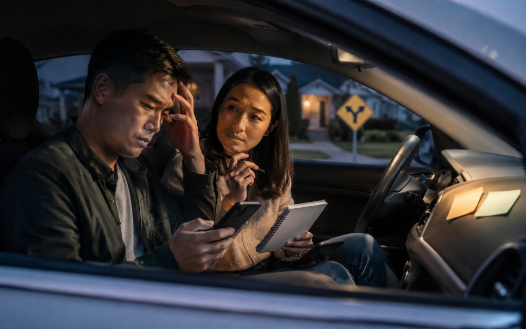 Couple in a parked car after a rejected offer, discussing whether to stay as backup or reset their search