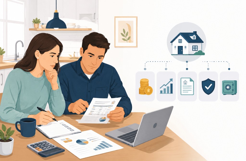 Couple reviewing mortgage payment components and monthly budget at a kitchen table