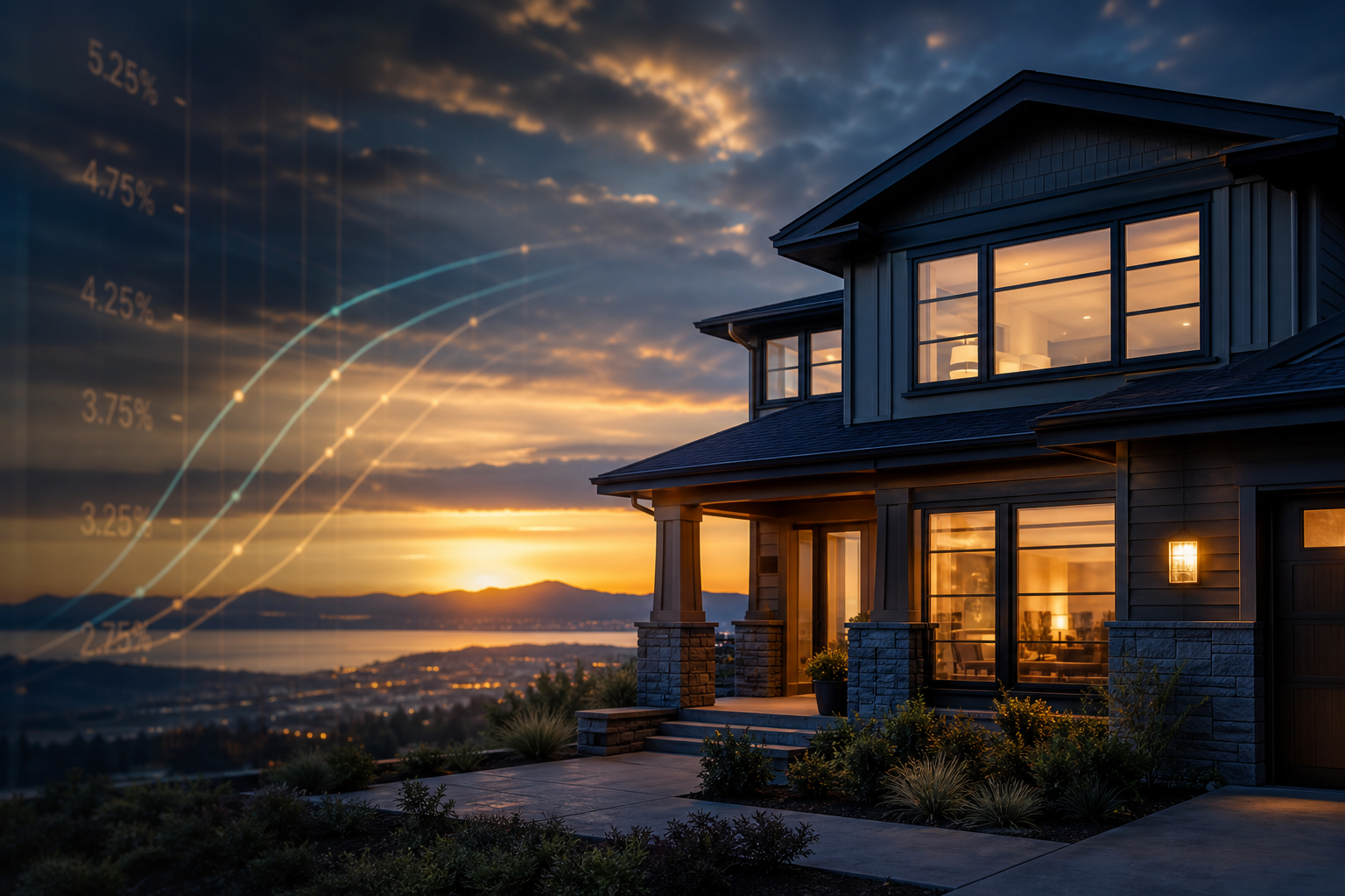 Cinematic golden-hour home exterior suggesting how mortgage rates connect to broader financial markets