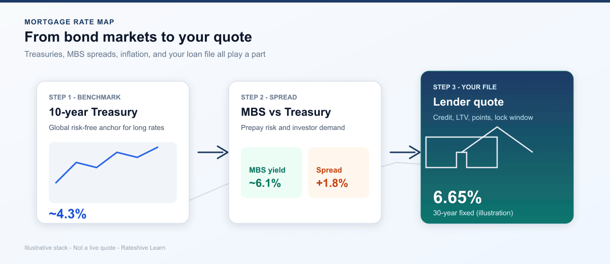Rate map diagram: 10-year Treasury benchmark, MBS spread, then a personalized lender quote