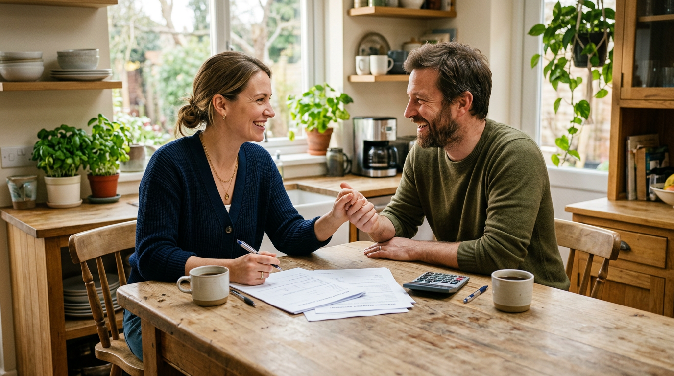 Couple at a kitchen island reviewing refinance paperwork with a calculator, relieved and focused